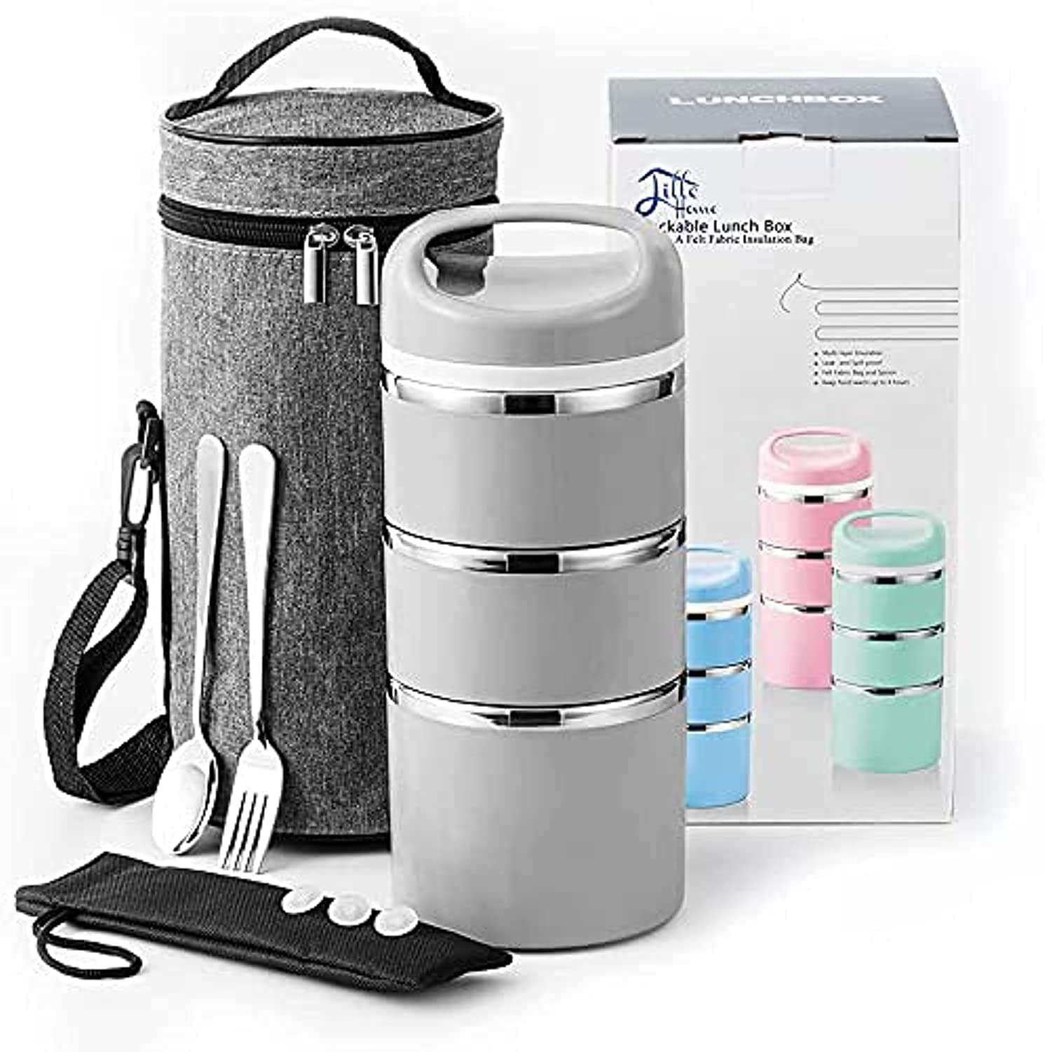 Stainless Steel 3-Tier Thermal Lunch Box, 43oz (Gray)